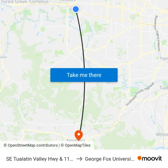 SE Tualatin Valley Hwy & 11th to George Fox University map