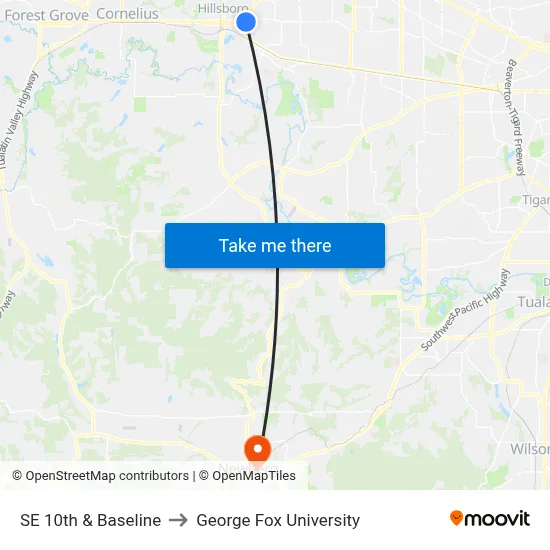 SE 10th & Baseline to George Fox University map