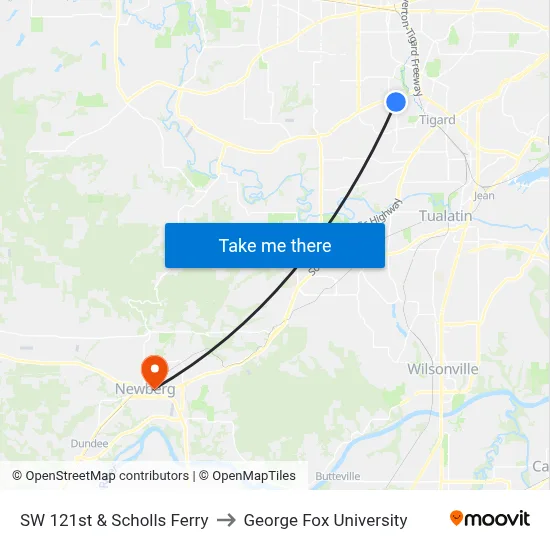 SW 121st & Scholls Ferry to George Fox University map