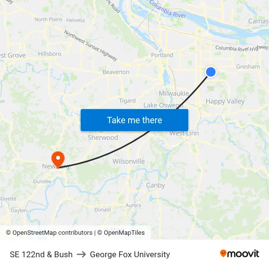 SE 122nd & Bush to George Fox University map