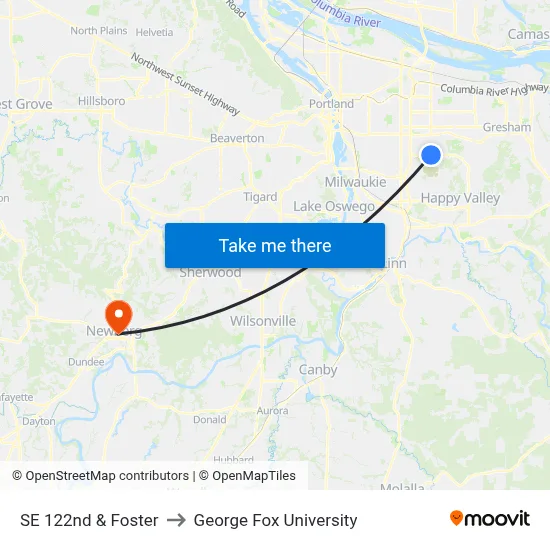 SE 122nd & Foster to George Fox University map