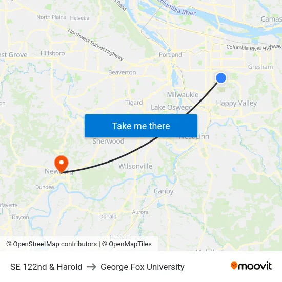 SE 122nd & Harold to George Fox University map