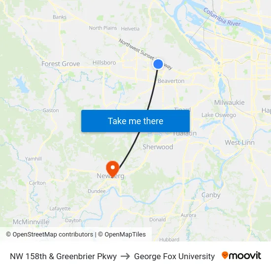 NW 158th & Greenbrier Pkwy to George Fox University map