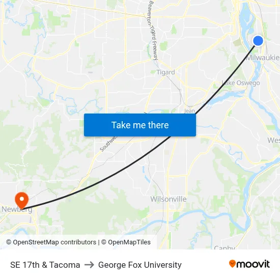 SE 17th & Tacoma to George Fox University map
