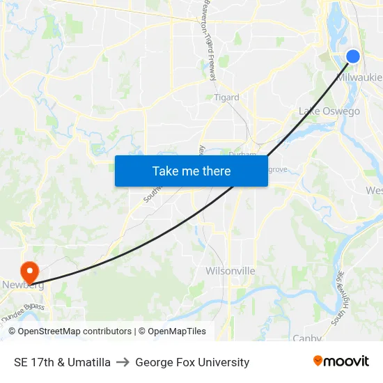 SE 17th & Umatilla to George Fox University map
