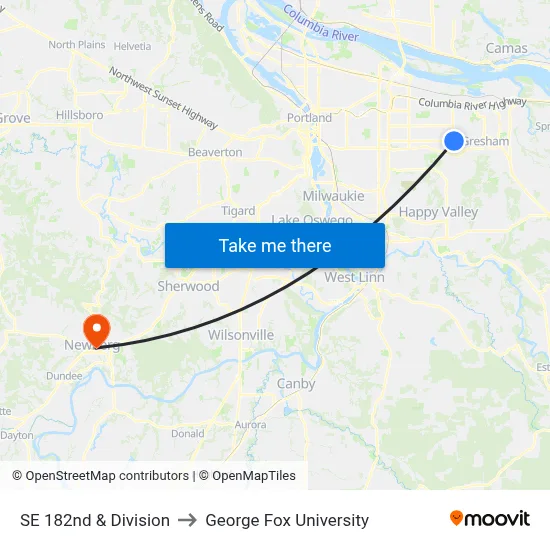 SE 182nd & Division to George Fox University map