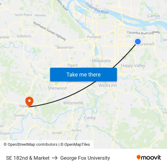SE 182nd & Market to George Fox University map