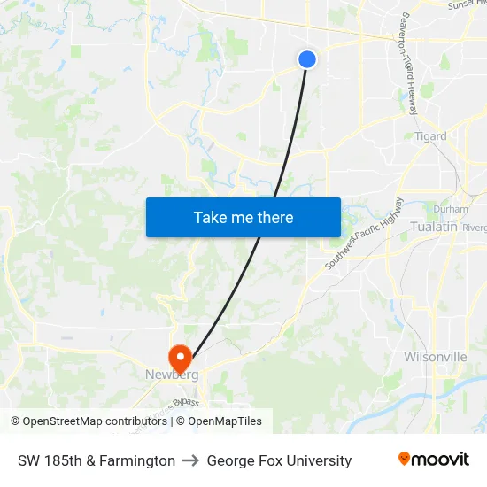 SW 185th & Farmington to George Fox University map