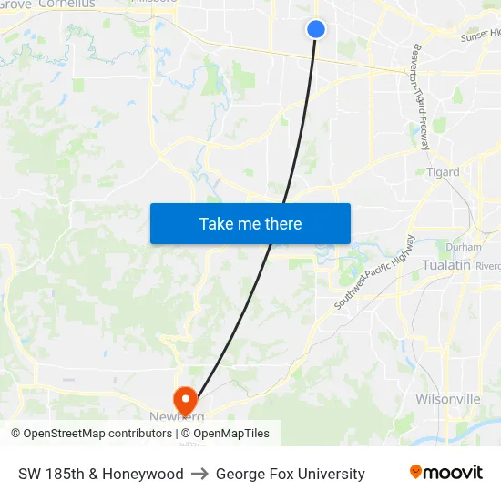 SW 185th & Honeywood to George Fox University map