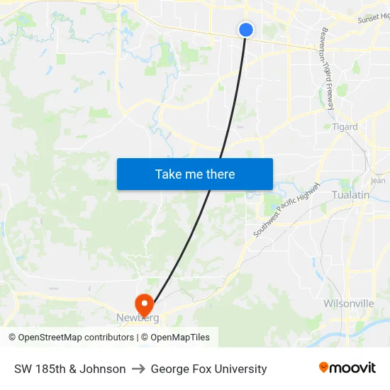 SW 185th & Johnson to George Fox University map