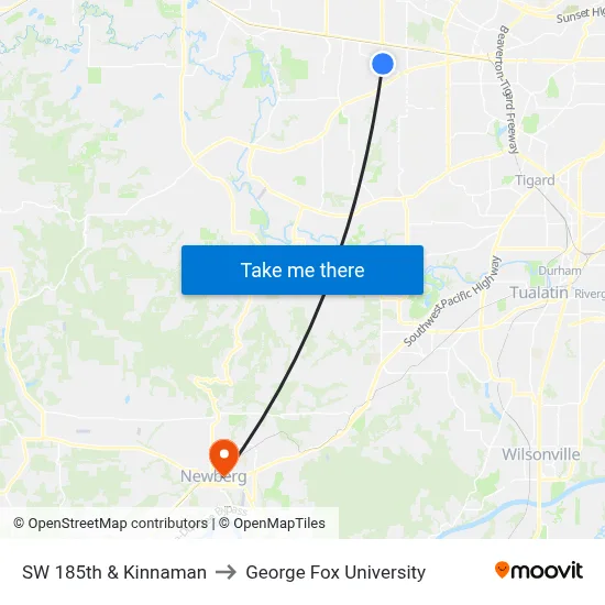 SW 185th & Kinnaman to George Fox University map