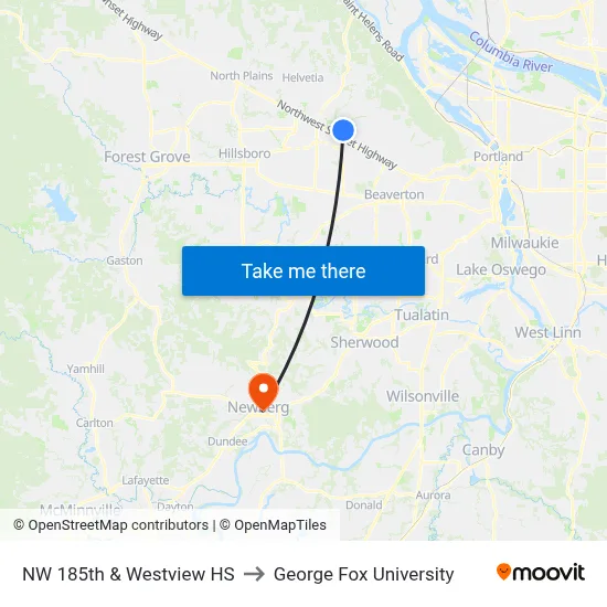 NW 185th & Westview HS to George Fox University map