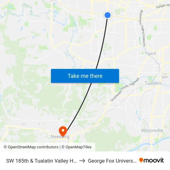 SW 185th & Tualatin Valley Hwy to George Fox University map