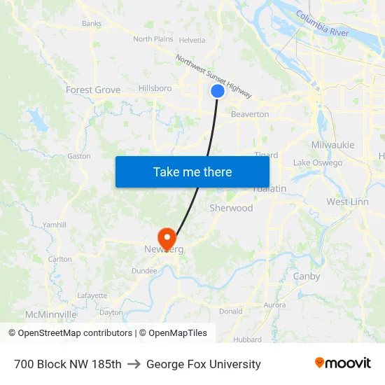 700 Block NW 185th to George Fox University map