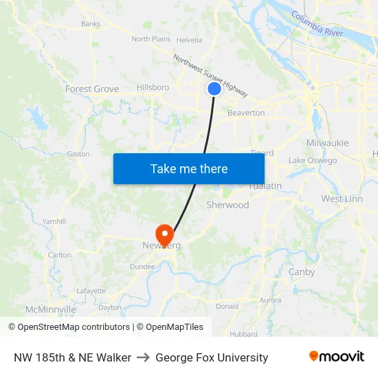 NW 185th & NE Walker to George Fox University map