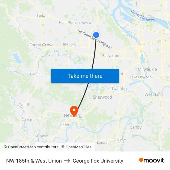 NW 185th & West Union to George Fox University map