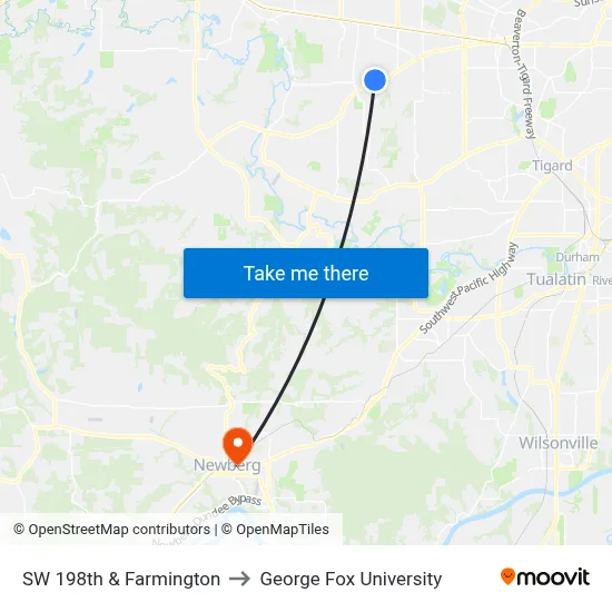SW 198th & Farmington to George Fox University map