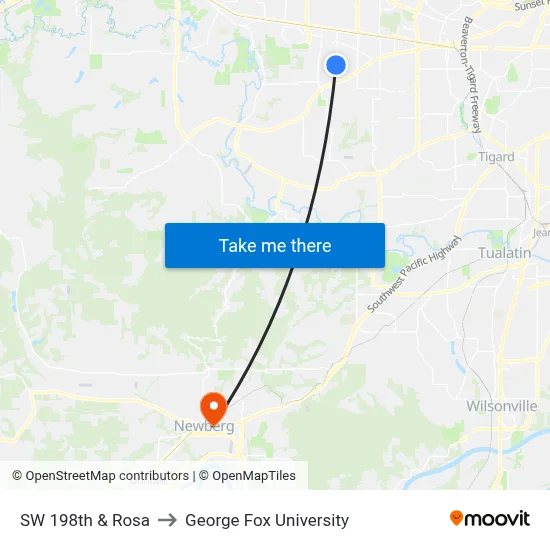 SW 198th & Rosa to George Fox University map