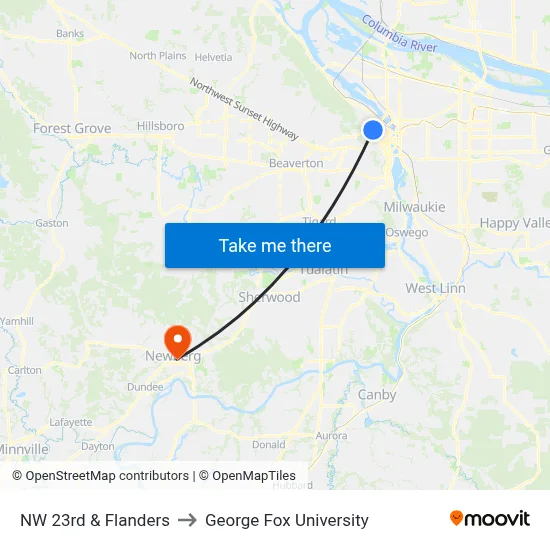 NW 23rd & Flanders to George Fox University map