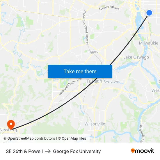 SE 26th & Powell to George Fox University map