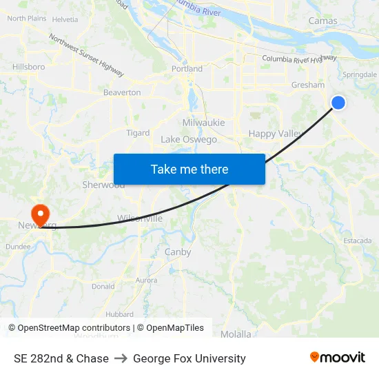 SE 282nd & Chase to George Fox University map