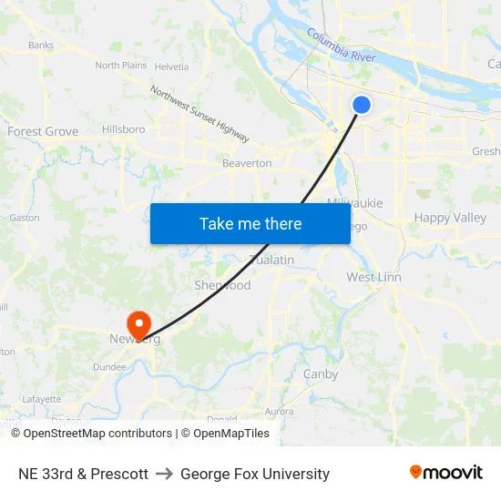 NE 33rd & Prescott to George Fox University map