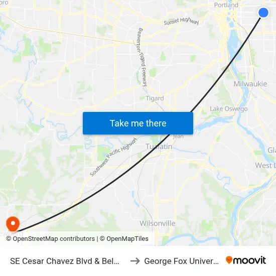 SE Cesar Chavez Blvd & Belmont to George Fox University map