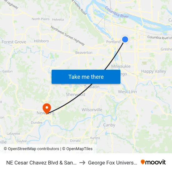 NE Cesar Chavez Blvd & Sandy to George Fox University map