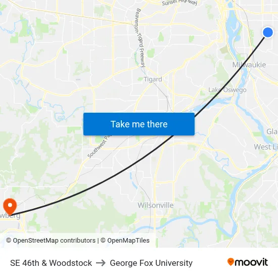SE 46th & Woodstock to George Fox University map