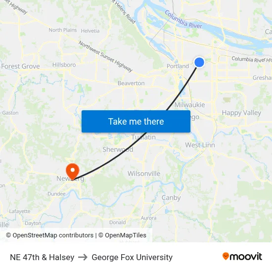 NE 47th & Halsey to George Fox University map