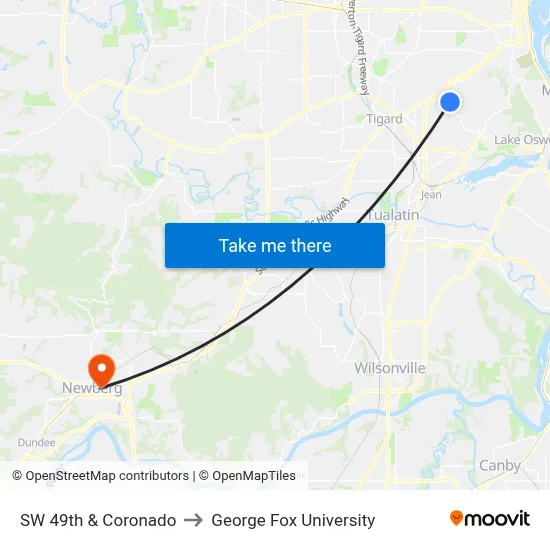SW 49th & Coronado to George Fox University map