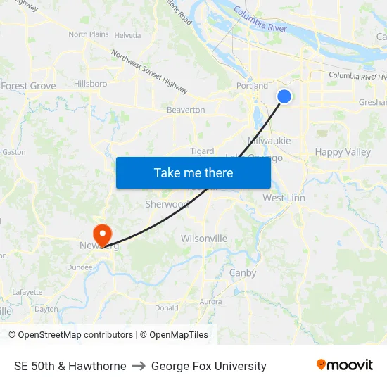 SE 50th & Hawthorne to George Fox University map