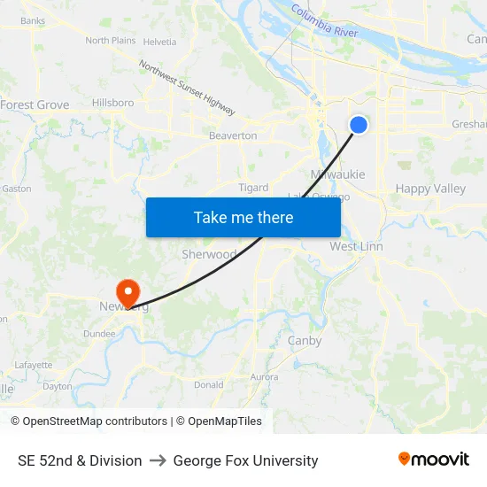 SE 52nd & Division to George Fox University map