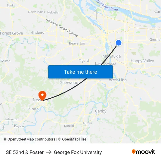 SE 52nd & Foster to George Fox University map