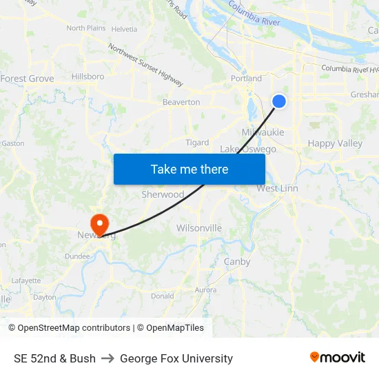 SE 52nd & Bush to George Fox University map