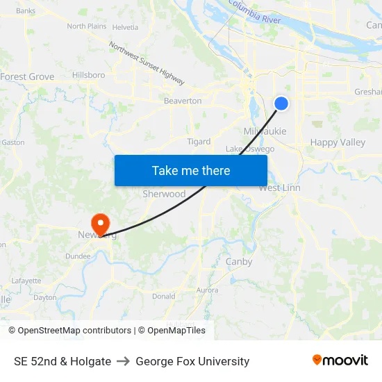 SE 52nd & Holgate to George Fox University map
