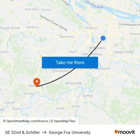 SE 52nd & Schiller to George Fox University map