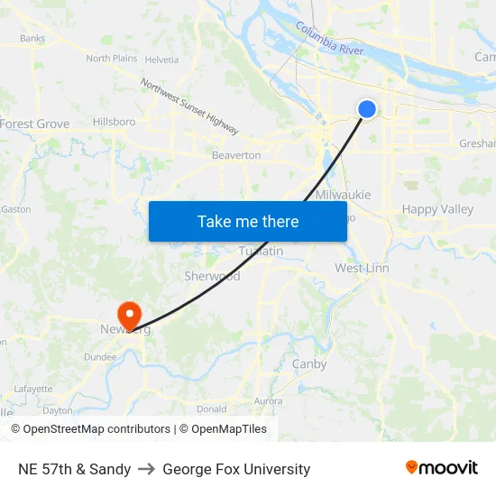 NE 57th & Sandy to George Fox University map