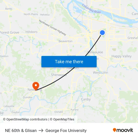 NE 60th & Glisan to George Fox University map