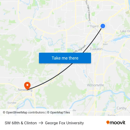 SW 68th & Clinton to George Fox University map