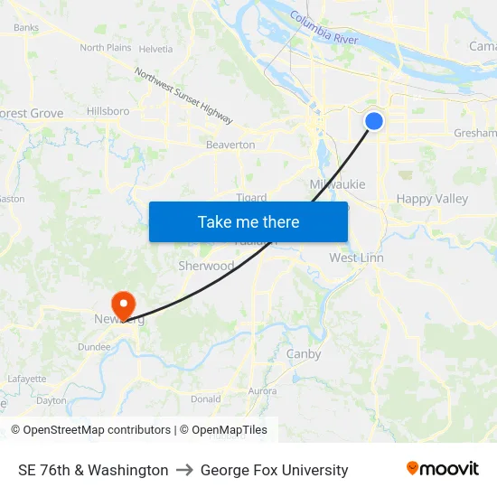 SE 76th & Washington to George Fox University map