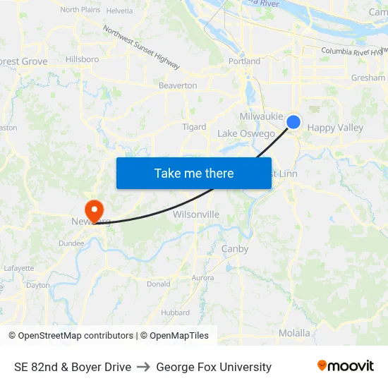 SE 82nd & Boyer Drive to George Fox University map