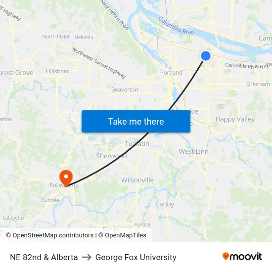 NE 82nd & Alberta to George Fox University map