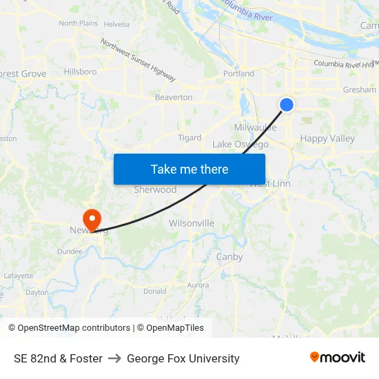 SE 82nd & Foster to George Fox University map