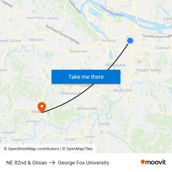 NE 82nd & Glisan to George Fox University map