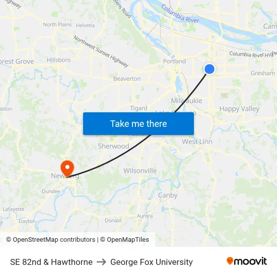 SE 82nd & Hawthorne to George Fox University map