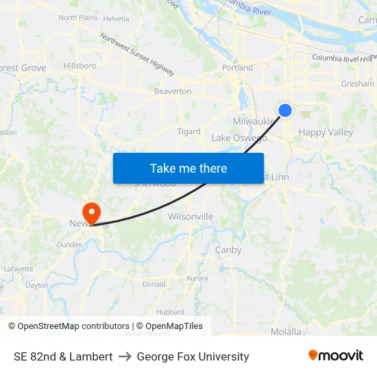 SE 82nd & Lambert to George Fox University map