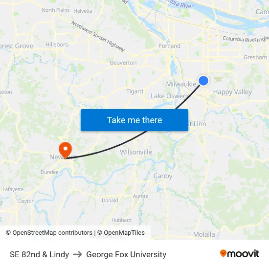 SE 82nd & Lindy to George Fox University map