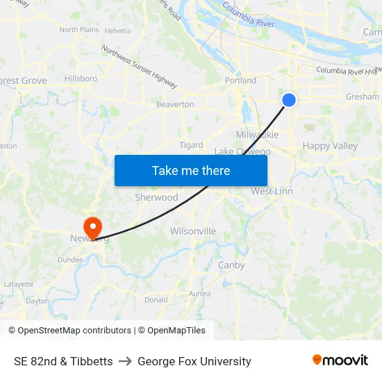 SE 82nd & Tibbetts to George Fox University map