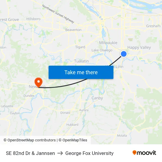 SE 82nd Dr & Jannsen to George Fox University map